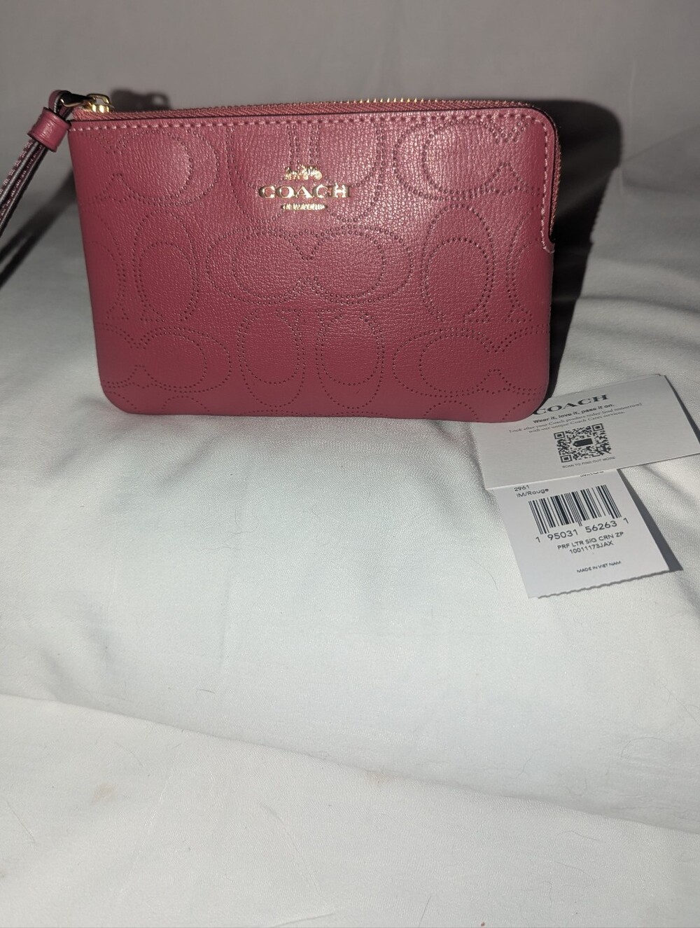COACH Perforated Signature Leather Rouge Pink Corner Zip Wristlet 2961